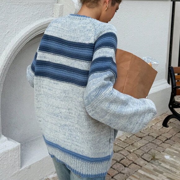 Multicolor Casual Women's Crew Neck Contrast Stripe Loose Pullover Sweater - Picture 2 of 6